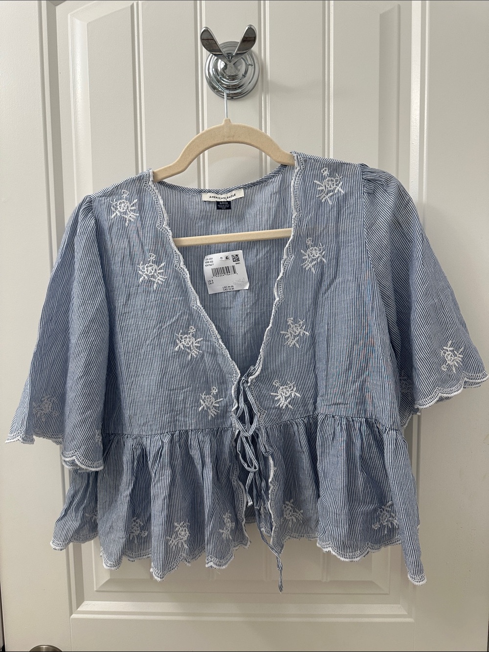 American Eagle Light Blue Pinstriped Embroidered Peplum Tie-Front Top